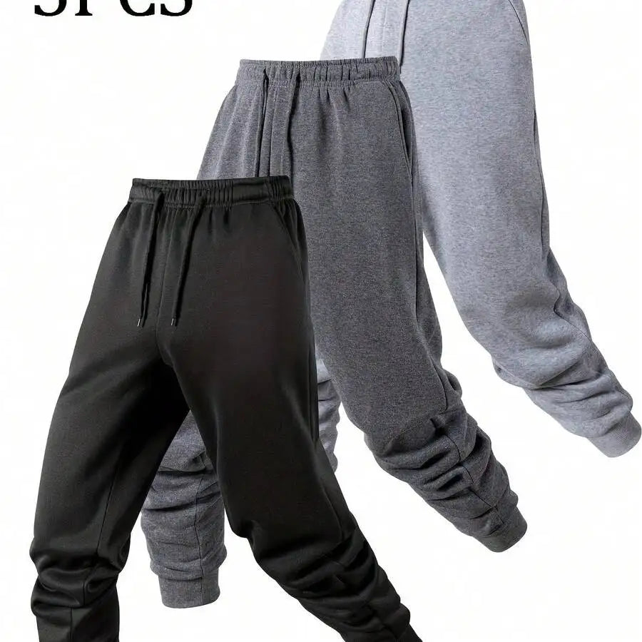 3pcs Men's Fleece Lined Solid Jogger Sweatpants With Drawstring, Casual Sports Trousers For Autumn And Winter