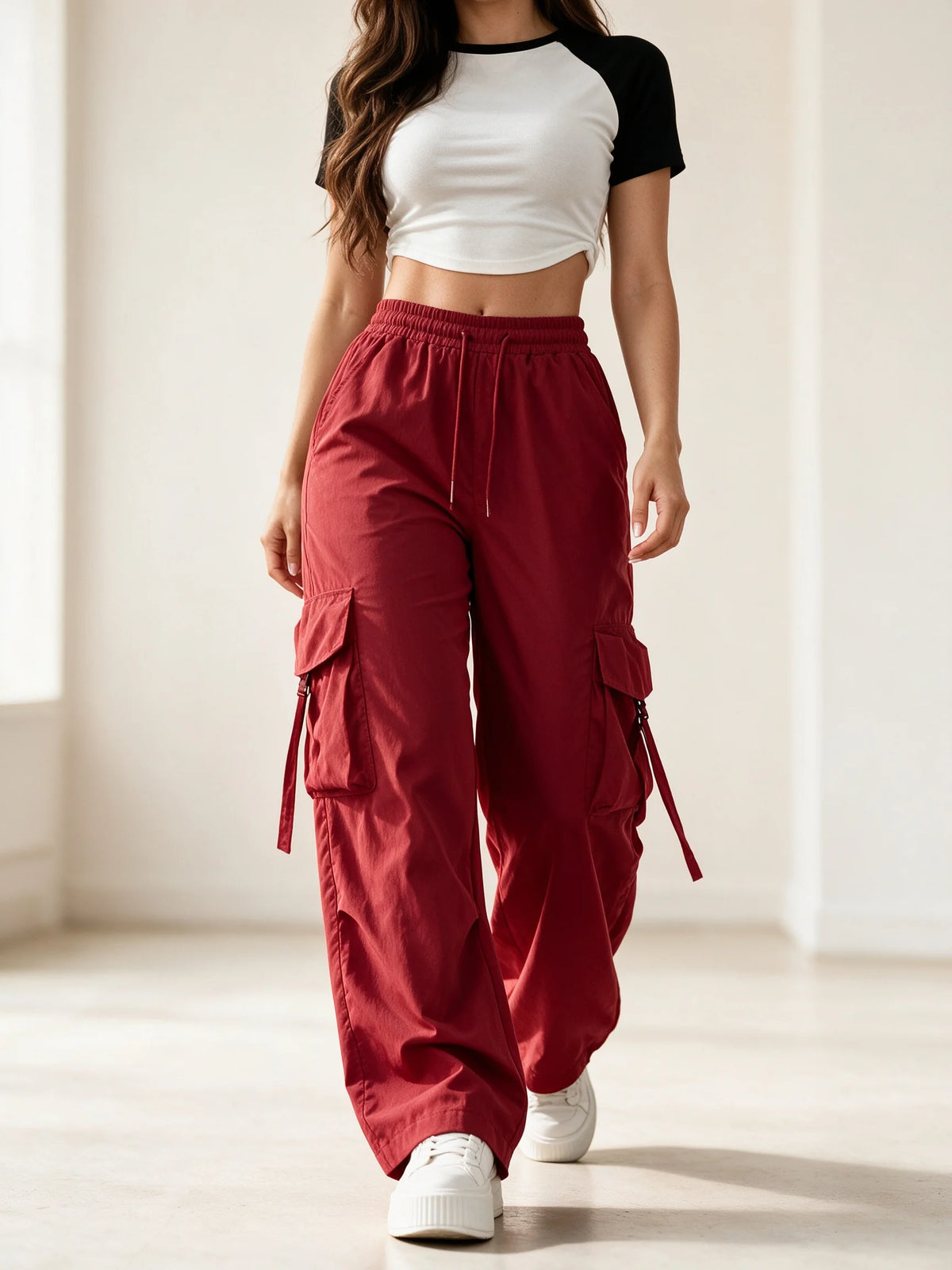 High-Waist Cargo Pants Quick-Dry Lightweight Straight-Wide Leg Trousers Elastic Waistband Non-See-Through Breathable Fabric for Daily Wear 3-Color Options