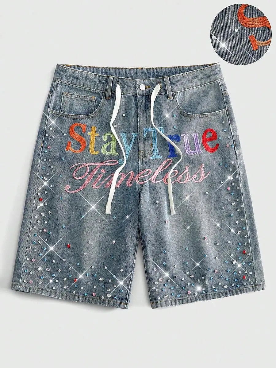 ROMWE MEN Street Life Spring/Summer Casual Men'S Pearl & Diamond Decor Loose Denim Shorts