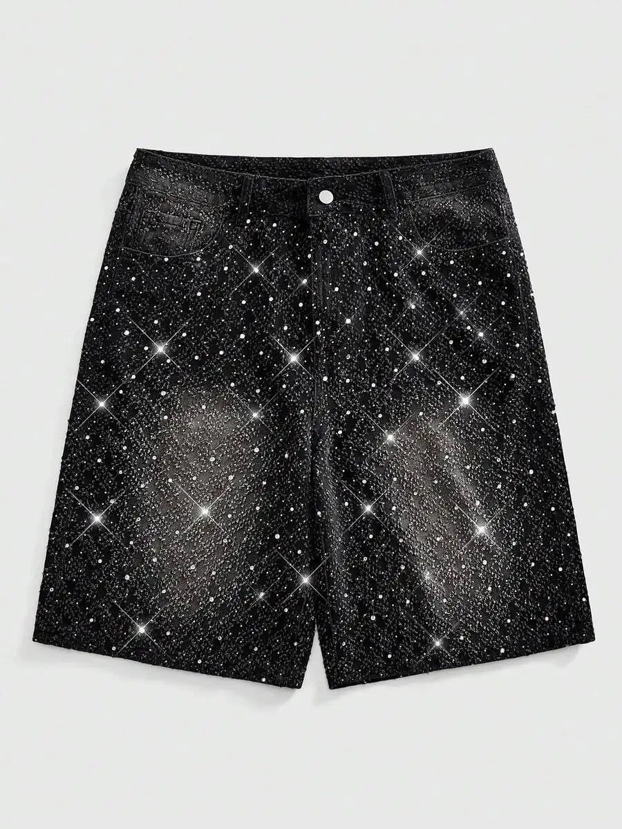 ROMWE MEN Street Life Spring/Summer Casual Men'S Pearl & Diamond Decor Loose Denim Shorts