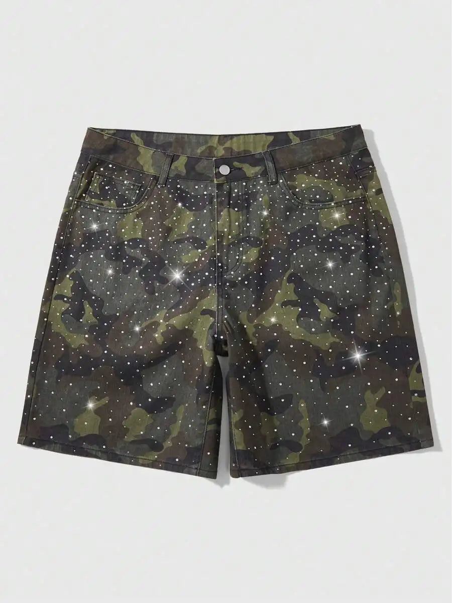 Street Life Casual Fashion Street Vacation Commute Colorful Rhinestone Patchwork PU Leather Loose Denim Shorts,