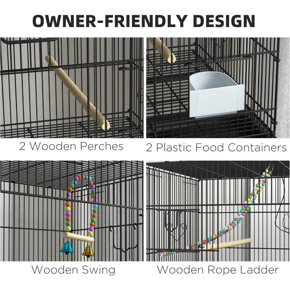 Double Stackable Bird Cage with Stand, Wooden Swing, Rope Ladder & Wheels for Canaries, Lovebirds Finches