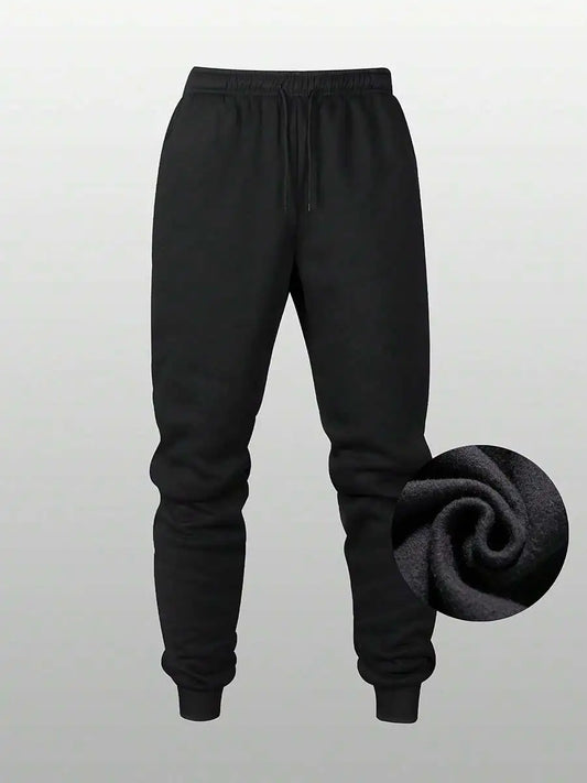 3pcs Men's Fleece Lined Solid Jogger Sweatpants With Drawstring, Casual Sports Trousers For Autumn And Winter