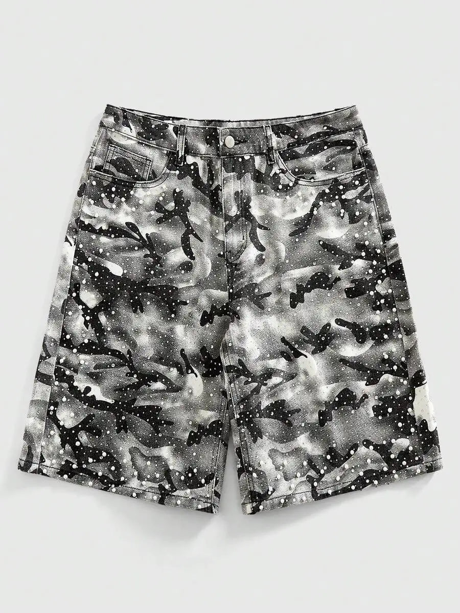 ROMWE MEN Street Life Spring/Summer Casual Men'S Pearl & Diamond Decor Loose Denim Shorts