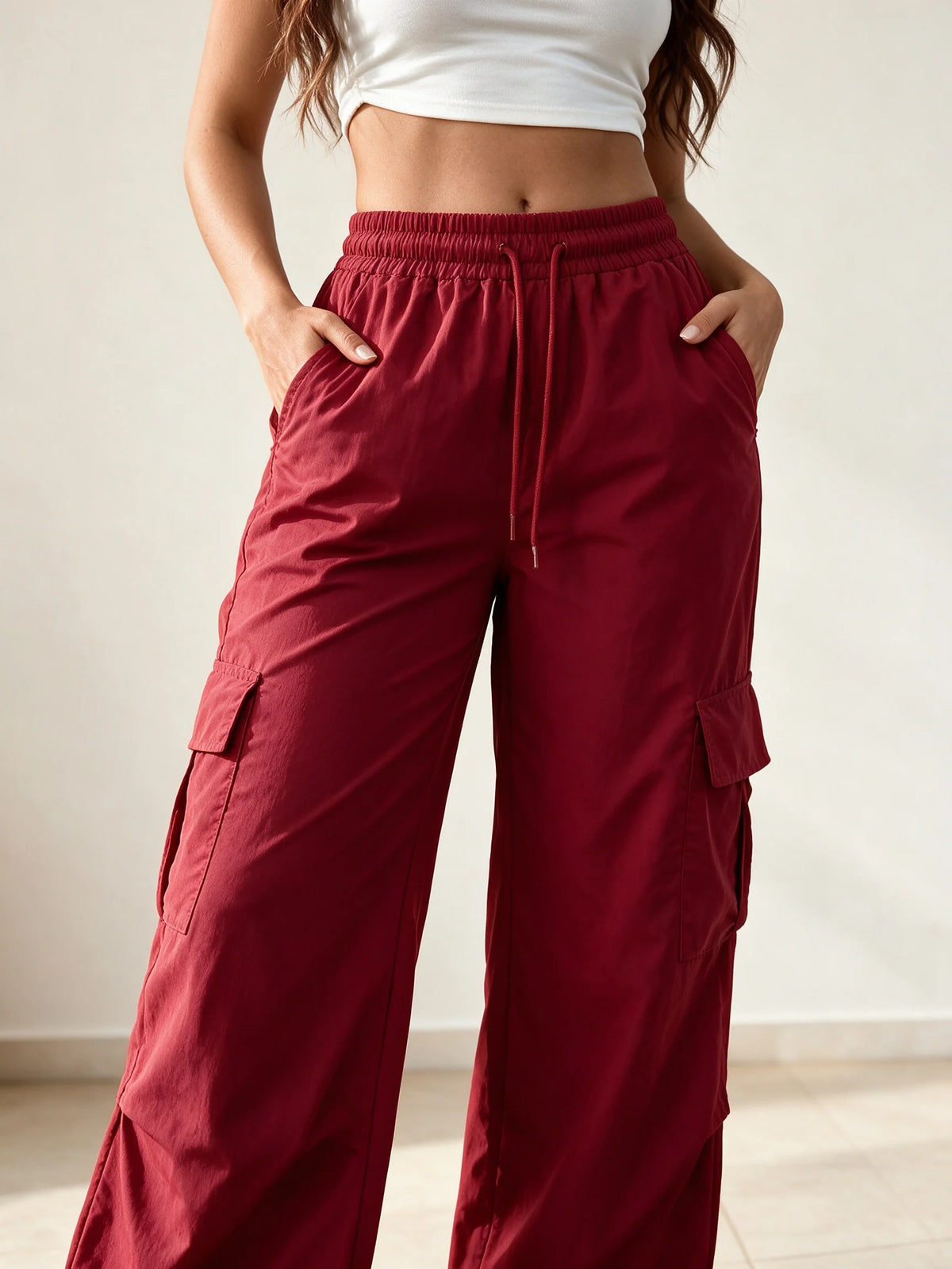 High-Waist Cargo Pants Quick-Dry Lightweight Straight-Wide Leg Trousers Elastic Waistband Non-See-Through Breathable Fabric for Daily Wear 3-Color Options