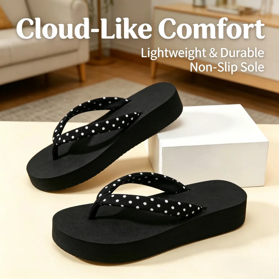 Ladies' Black And White Polka Dot Thin Strap Thick-soled Flip-flops, Soft Cloth Surface Sandals Anti-slip Lightweight Thick-soled Summer Slippers