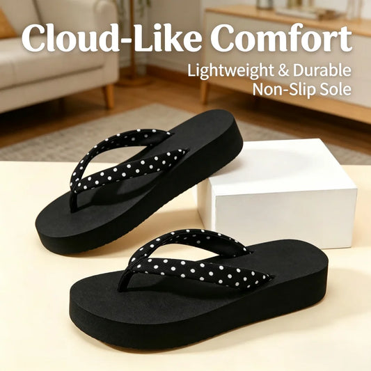 Ladies' Black And White Polka Dot Thin Strap Thick-soled Flip-flops, Soft Cloth Surface Sandals Anti-slip Lightweight Thick-soled Summer Slippers