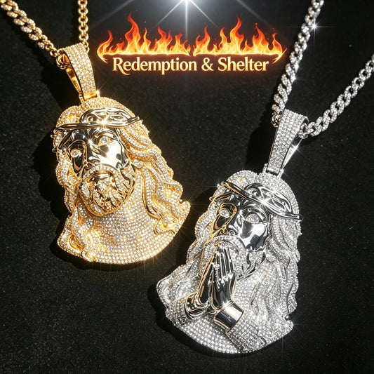 Iced Out Jesus Pendant Praying Hands Cubic Zirconia 18K Gold Plated Cuban Chain Hip Hop Mens Jewelry Shiny Diamond Street Rap Christian Nightclub Religious Bling Chest Statement Necklace Gift Urban Rapper Fine Jewelry Gifts f