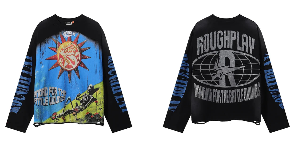 New American Style Rough Play Splicing Shinning Diamond 100% Cotton long sleeves T-shirts for Men Women Crew Neck Loose Summer T-shirt Oversized Tees