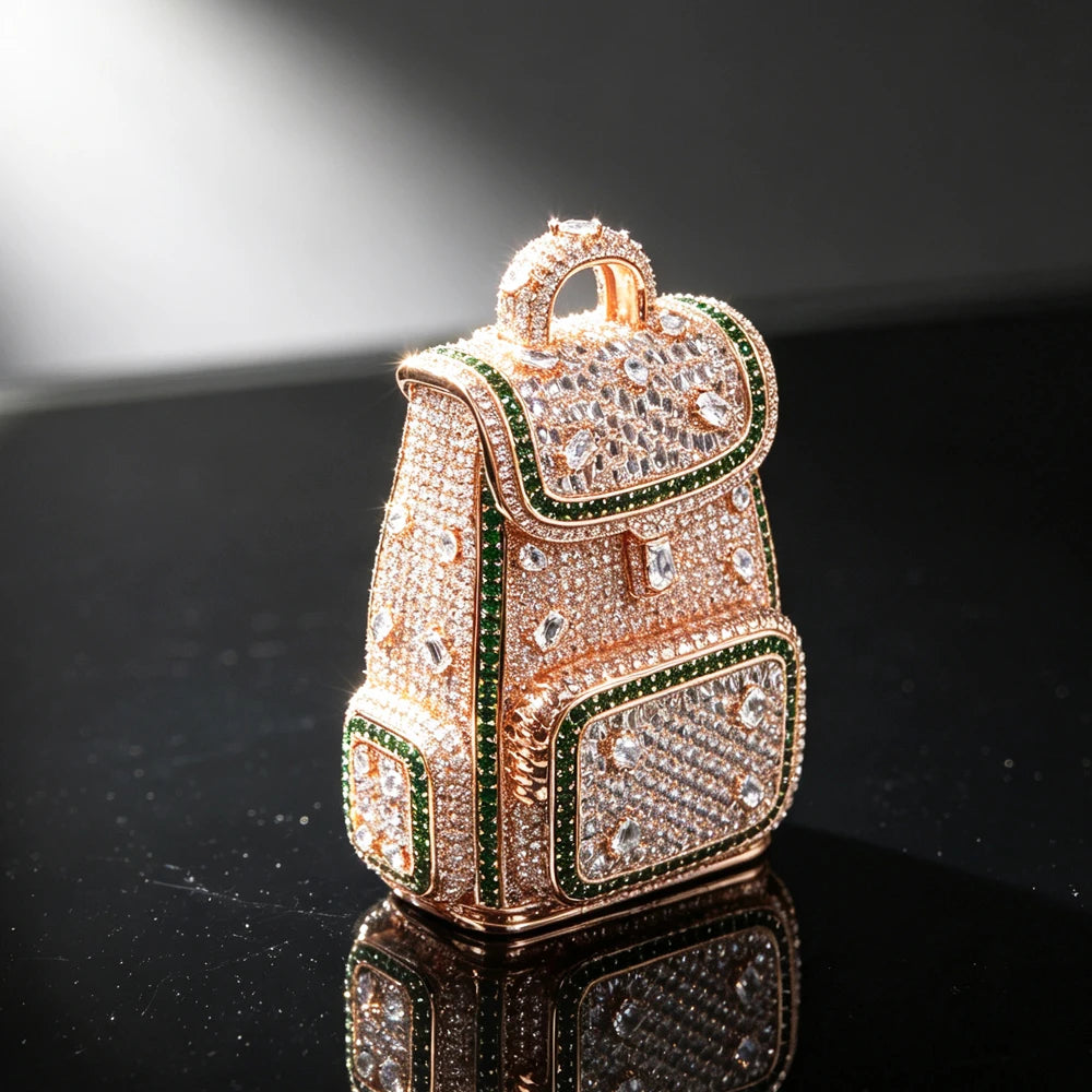 Luxury 18K Rose Gold Plated  Mini Backpack Pendant Full Diamond Clear Green Cubic Zirconia Hip Hop Jewelry Wealth Bag Charm Bling Necklace Accessories for Men Women Rap Club Daily Doller Money Bag Design Fine Jewelry Gifts fo