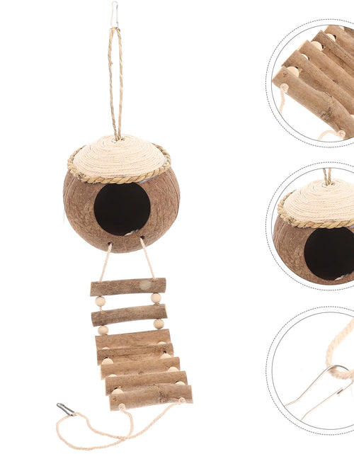 Load image into Gallery viewer, Coconut Grass Bird House Hanging Birdcage Coir Wooden Floating Ladders Nest with Coconuts Shell Parrot Roost Toy
