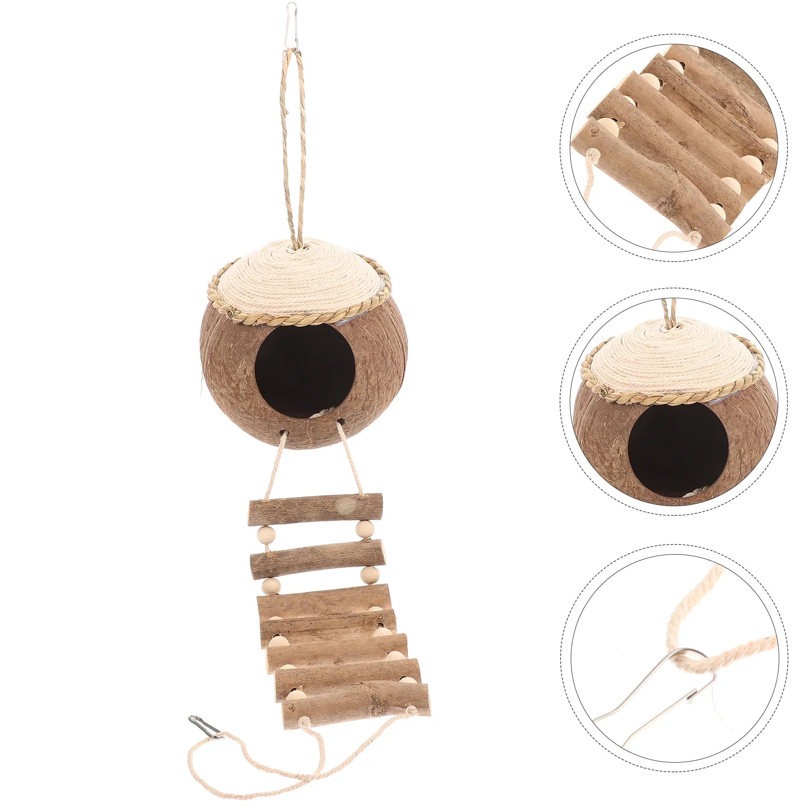 Coconut Grass Bird House Hanging Birdcage Coir Wooden Floating Ladders Nest with Coconuts Shell Parrot Roost Toy