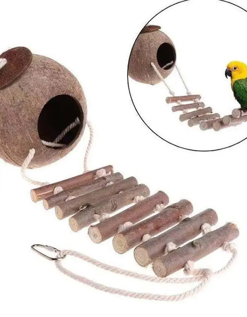 Load image into Gallery viewer, Coconut Hide Natural Bird Hide Can Store Food And Provide Warmth For Pets Coconut Hide With Ladder Bird House Cage Toy For Pet
