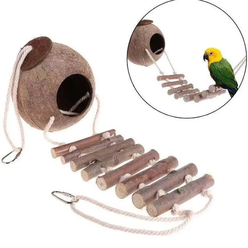 Coconut Hide Natural Bird Hide Can Store Food And Provide Warmth For Pets Coconut Hide With Ladder Bird House Cage Toy For Pet