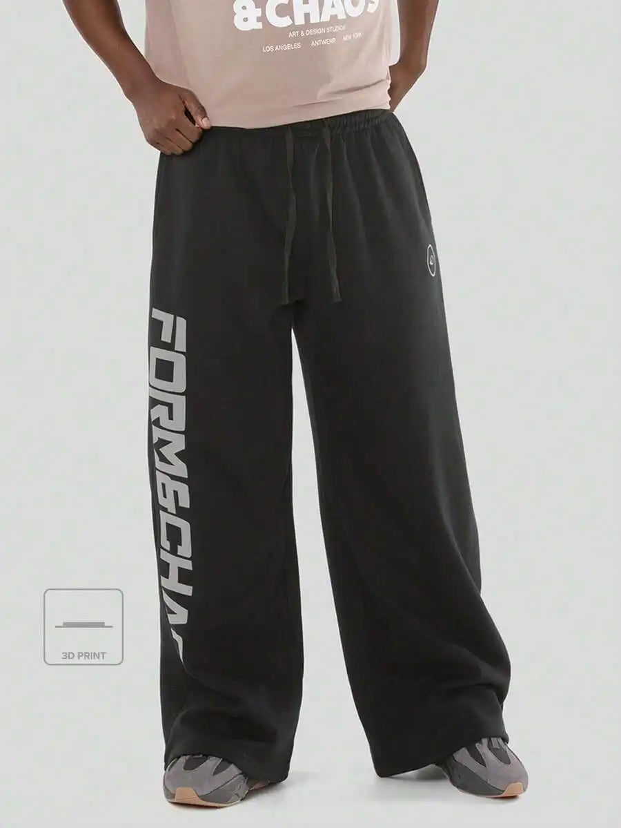 Casual Relaxed Fit Joggers - Black Premium Fleece Sweatpants With 3D Lettering, Retro Urban Streetwear
