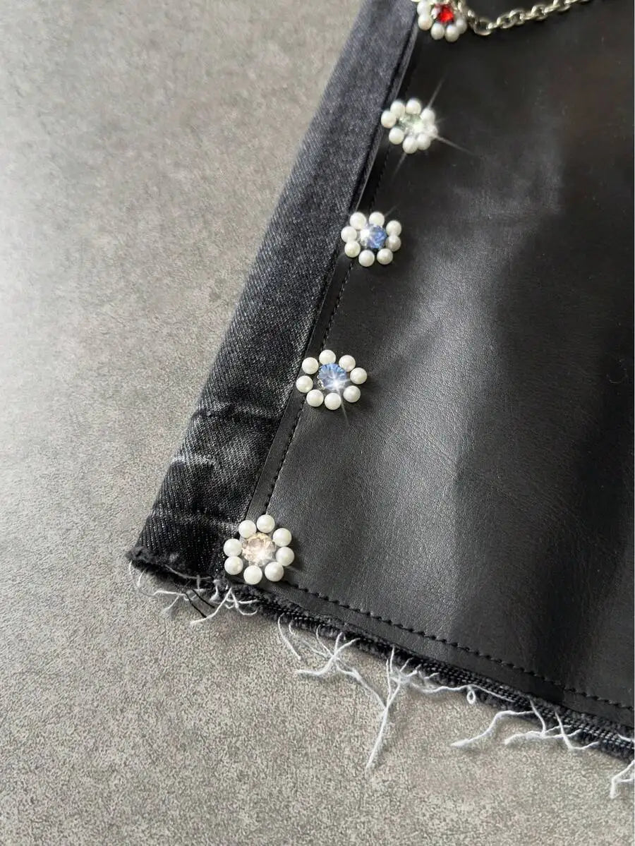 Street Life Casual Fashion Street Vacation Commute Colorful Rhinestone Patchwork PU Leather Loose Denim Shorts,