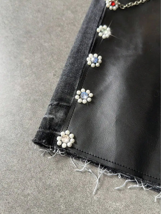 Street Life Casual Fashion Street Vacation Commute Colorful Rhinestone Patchwork PU Leather Loose Denim Shorts,