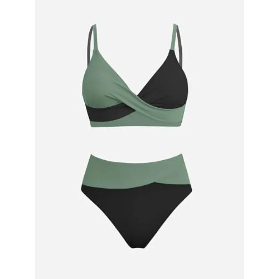 Women's Bikini Sets Two Pcs Swimsuit High Waisted V Neck Twist Front Adjustable Spaghetti Straps Bathing Suit