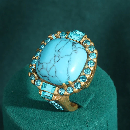 Vintage Square Turquoise Ring Engagement Antique Gold Color Seablue Rhinestone Natural Stone Luxury Designer Jewelry Trends 2026
