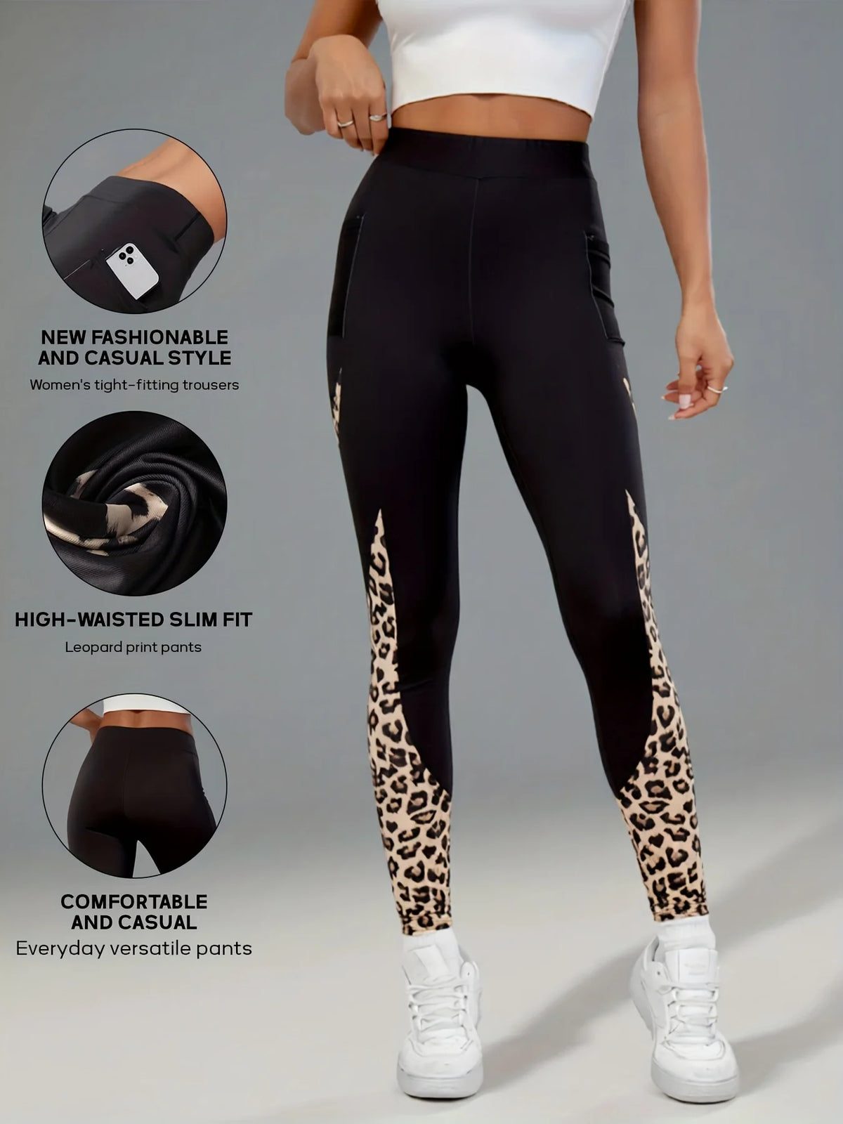 Women's High Waist Leopard Print Leggings Slim Fit Sports Pants Side Pockets Activewear