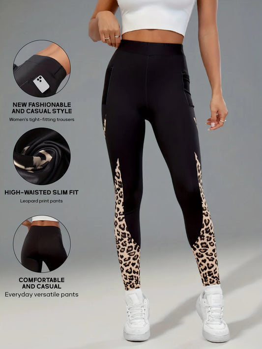 Women's High Waist Leopard Print Leggings Slim Fit Sports Pants Side Pockets Activewear