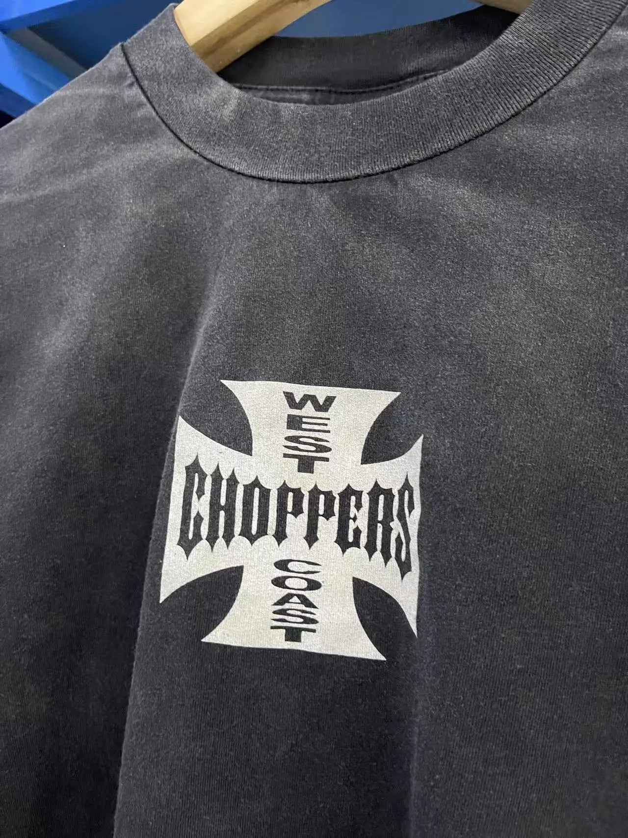 New Y2K Saint × West-Coast Choppers Co branded long sleeved washed distressed cross print 100% pure cotton loose men's long sleeved T-shirt