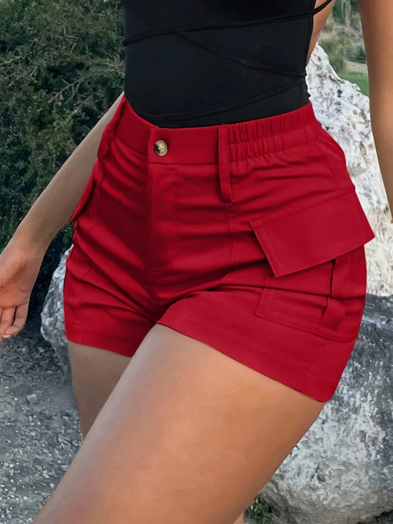 Women Cargo Shorts High Waist Button Zipper Fly Multi Pockets Elastic Back Waist Casual Summer Outdoor Hiking Short Pants Streetwear