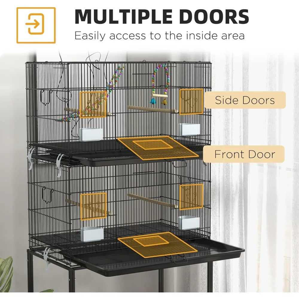 Double Stackable Bird Cage with Stand, Wooden Swing, Rope Ladder & Wheels for Canaries, Lovebirds Finches