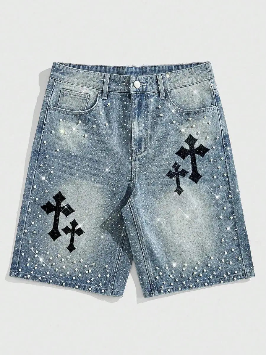 ROMWE MEN Street Life Spring/Summer Casual Men'S Pearl & Diamond Decor Loose Denim Shorts