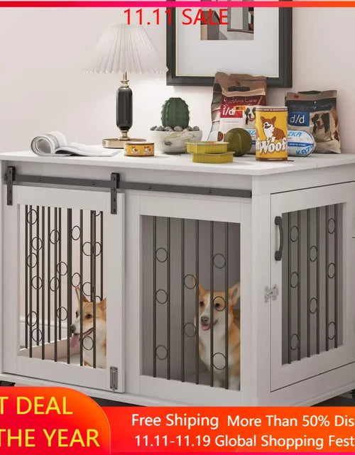 Load image into Gallery viewer, Dog Crate, End Table with Wheels and Flip Top Plate Dog House with Detachable Divider and Sliding Barn Door, Dog Crate
