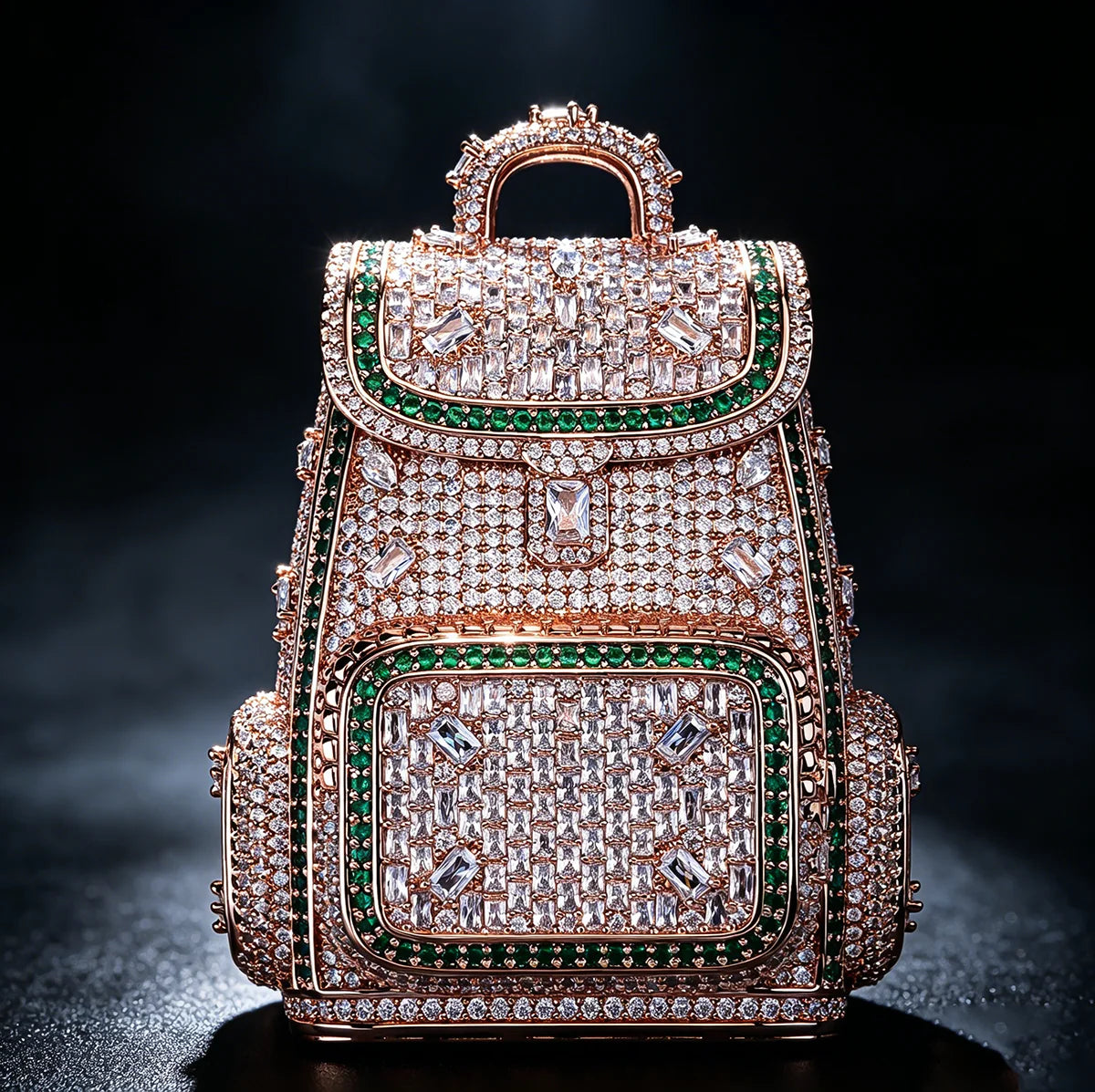 Luxury 18K Rose Gold Plated  Mini Backpack Pendant Full Diamond Clear Green Cubic Zirconia Hip Hop Jewelry Wealth Bag Charm Bling Necklace Accessories for Men Women Rap Club Daily Doller Money Bag Design Fine Jewelry Gifts fo