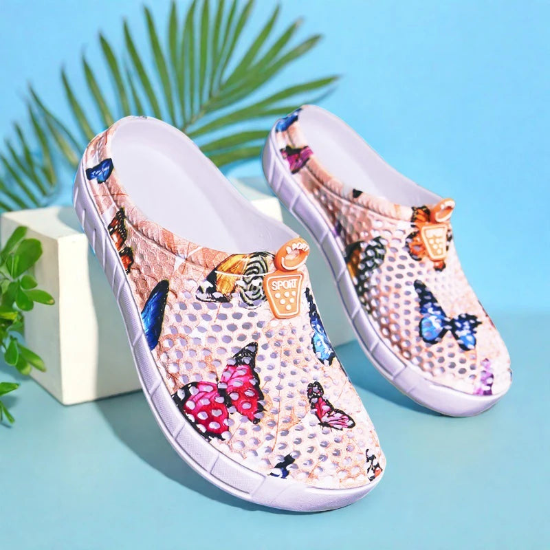 Women's Lightweight Slip-On Clog Shoes Butterfly Print Flat Bottom Indoor Outdoor Beach Casual Sandals Comfortable Home Slippers