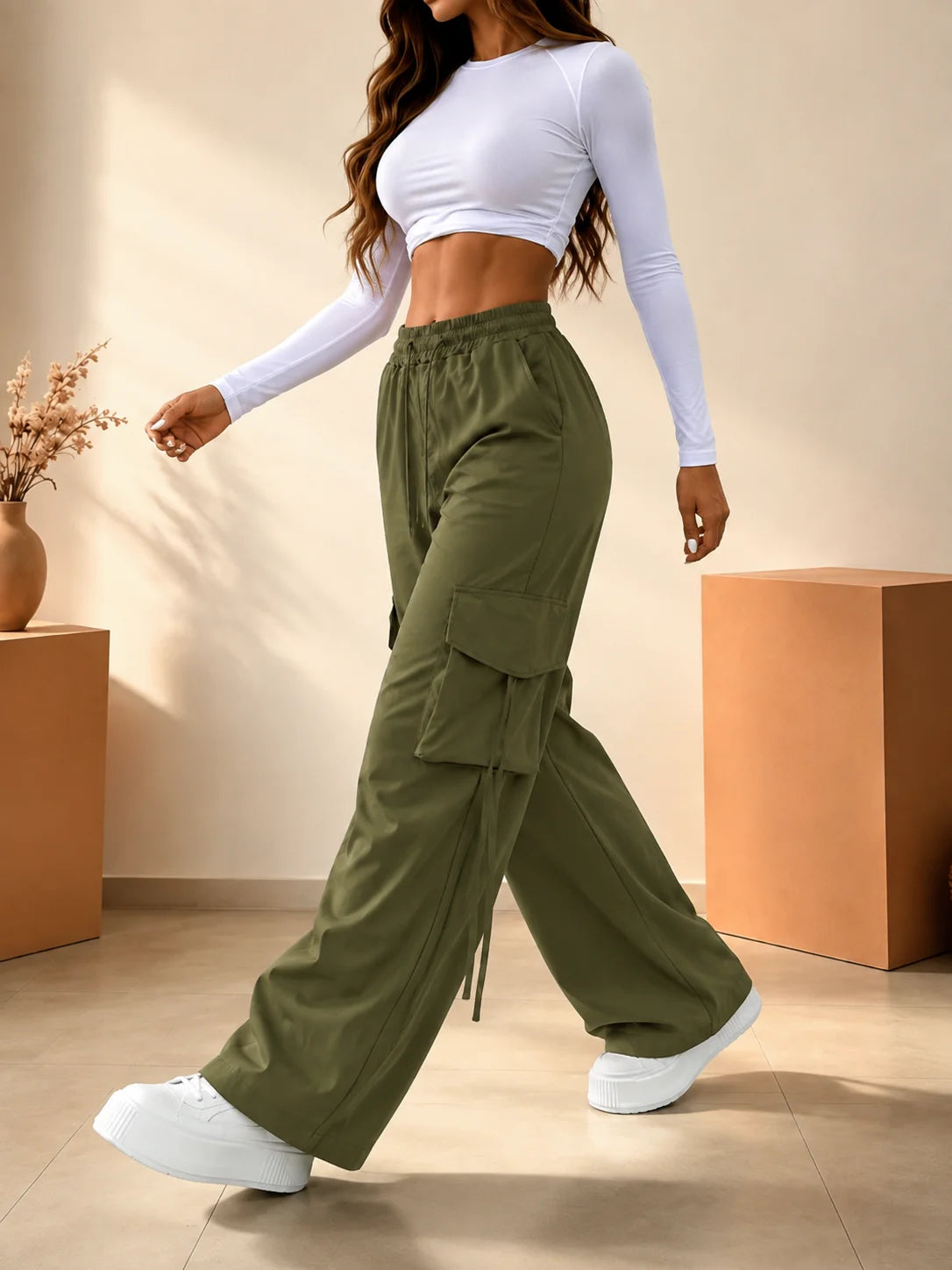 High-Waist Cargo Pants Quick-Dry Lightweight Straight-Wide Leg Trousers Elastic Waistband Non-See-Through Breathable Fabric for Daily Wear 3-Color Options