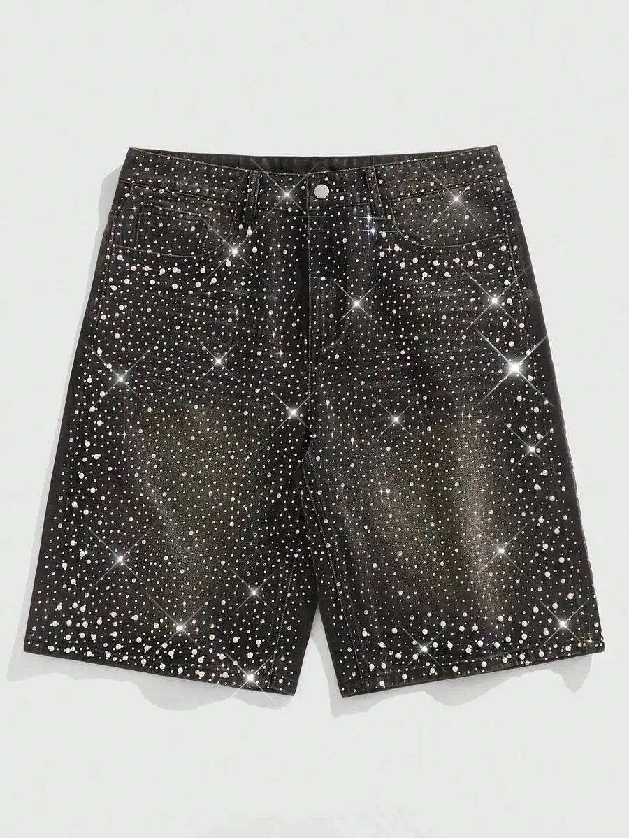 ROMWE MEN Street Life Spring/Summer Casual Men'S Pearl & Diamond Decor Loose Denim Shorts