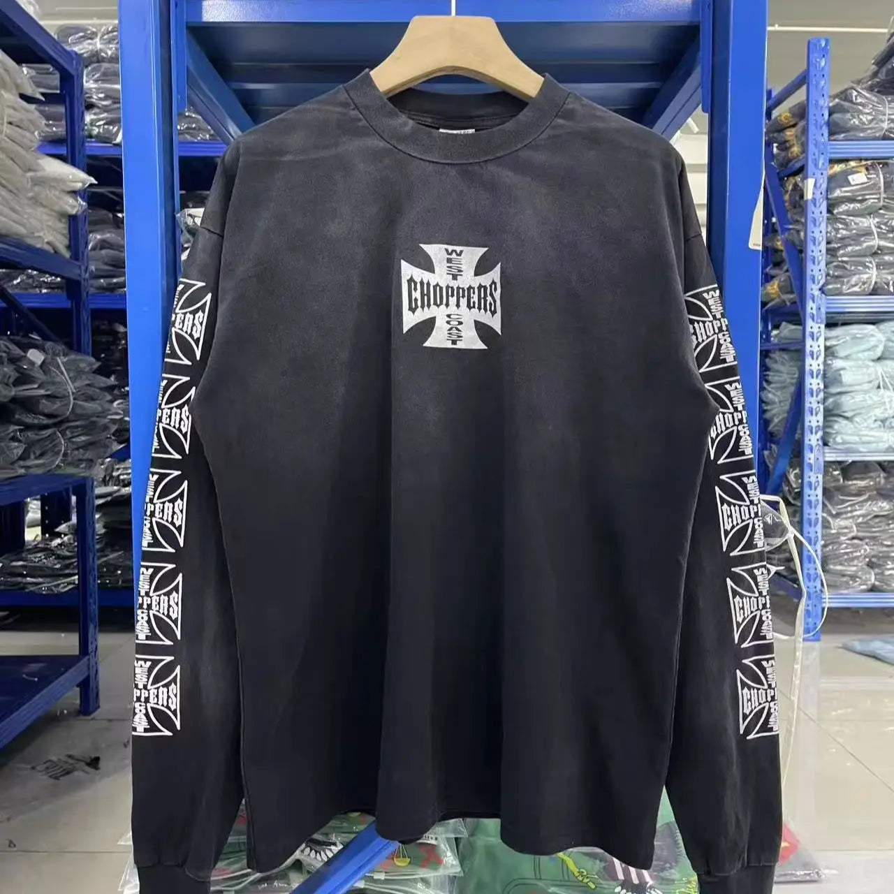 New Y2K Saint × West-Coast Choppers Co branded long sleeved washed distressed cross print 100% pure cotton loose men's long sleeved T-shirt