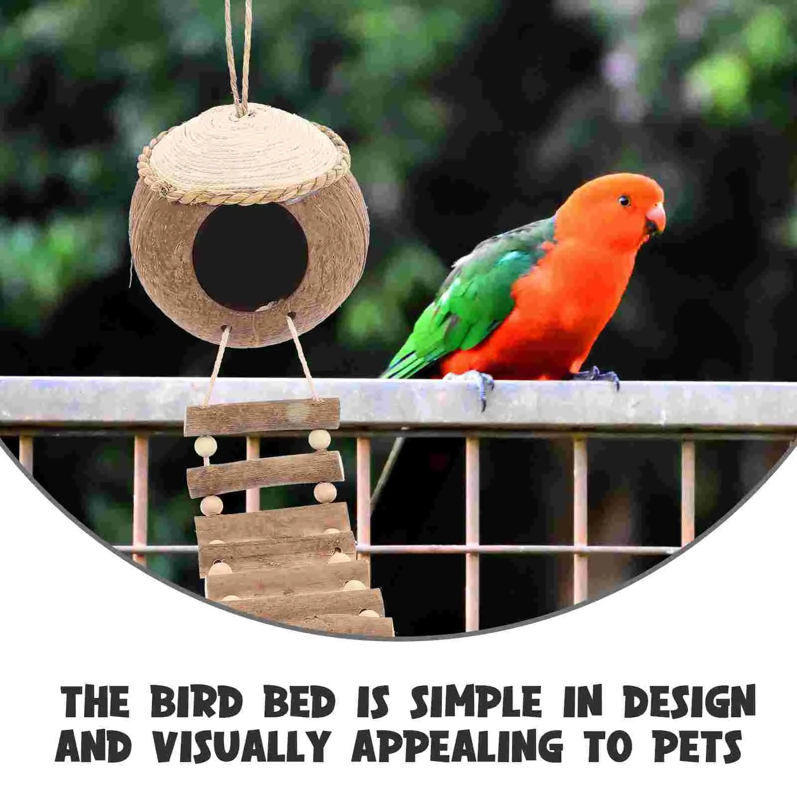 Coconut Grass Bird House Hanging Birdcage Coir Wooden Floating Ladders Nest with Coconuts Shell Parrot Roost Toy