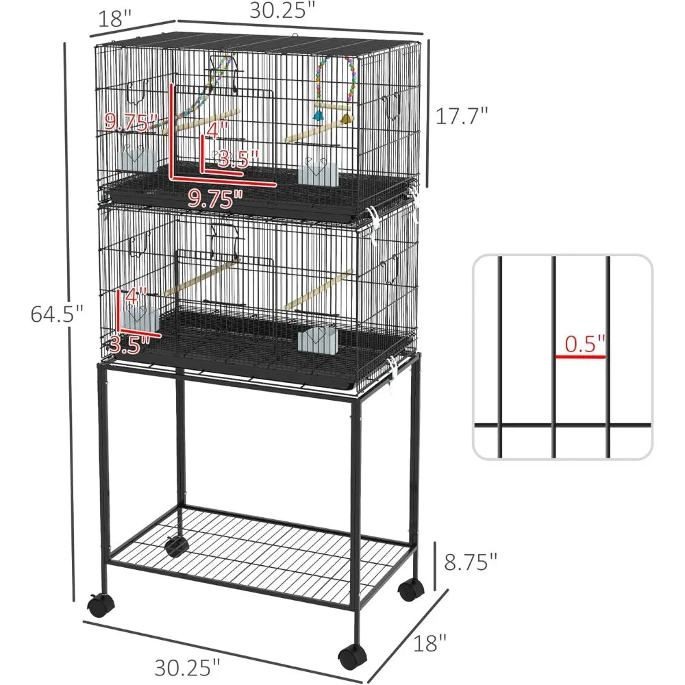 Double Stackable Bird Cage with Stand, Wooden Swing, Rope Ladder & Wheels for Canaries, Lovebirds Finches