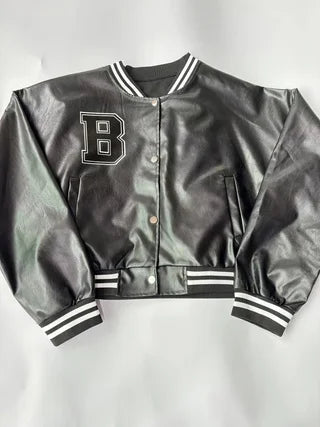 Plus size women's PU leather cropped baseball jacket letter embroidery striped ribbed hot girl style slim fit jacket coat