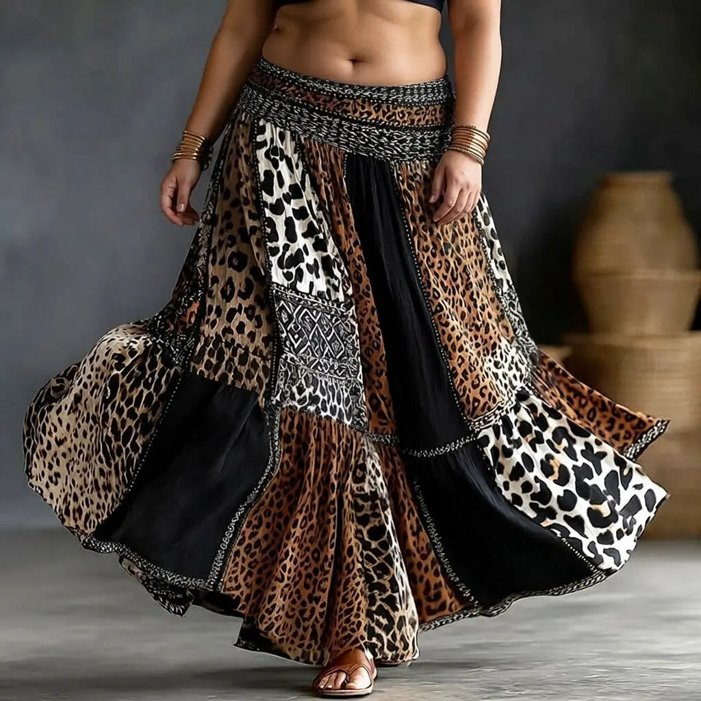 Boho Style Women Summer High Waist Patchwork Leopard Print Tiered Maxi Skirt
