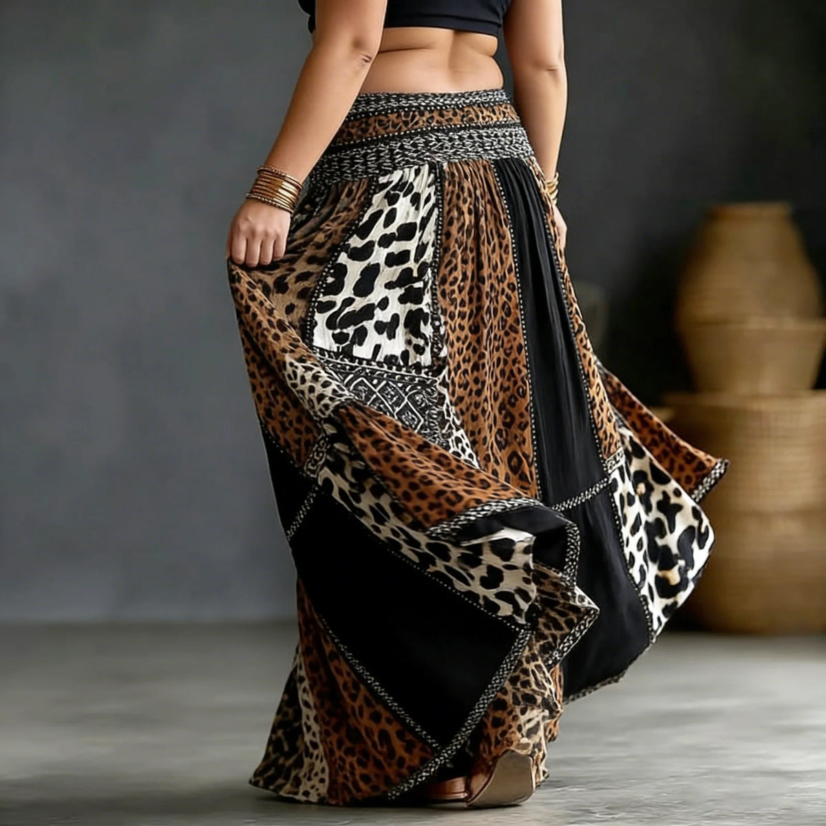 Boho Style Women Summer High Waist Patchwork Leopard Print Tiered Maxi Skirt