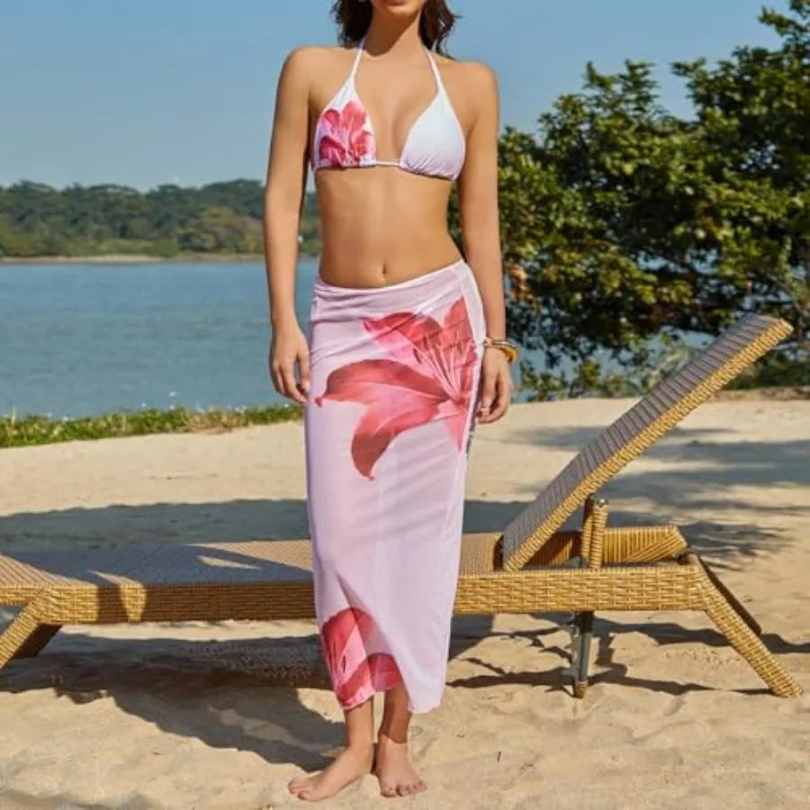 Womens 3pcs Swimsuit Floral Halter Triangle Bikini Top Tie Side Bottom with Long Sheer Cover Up Skirt