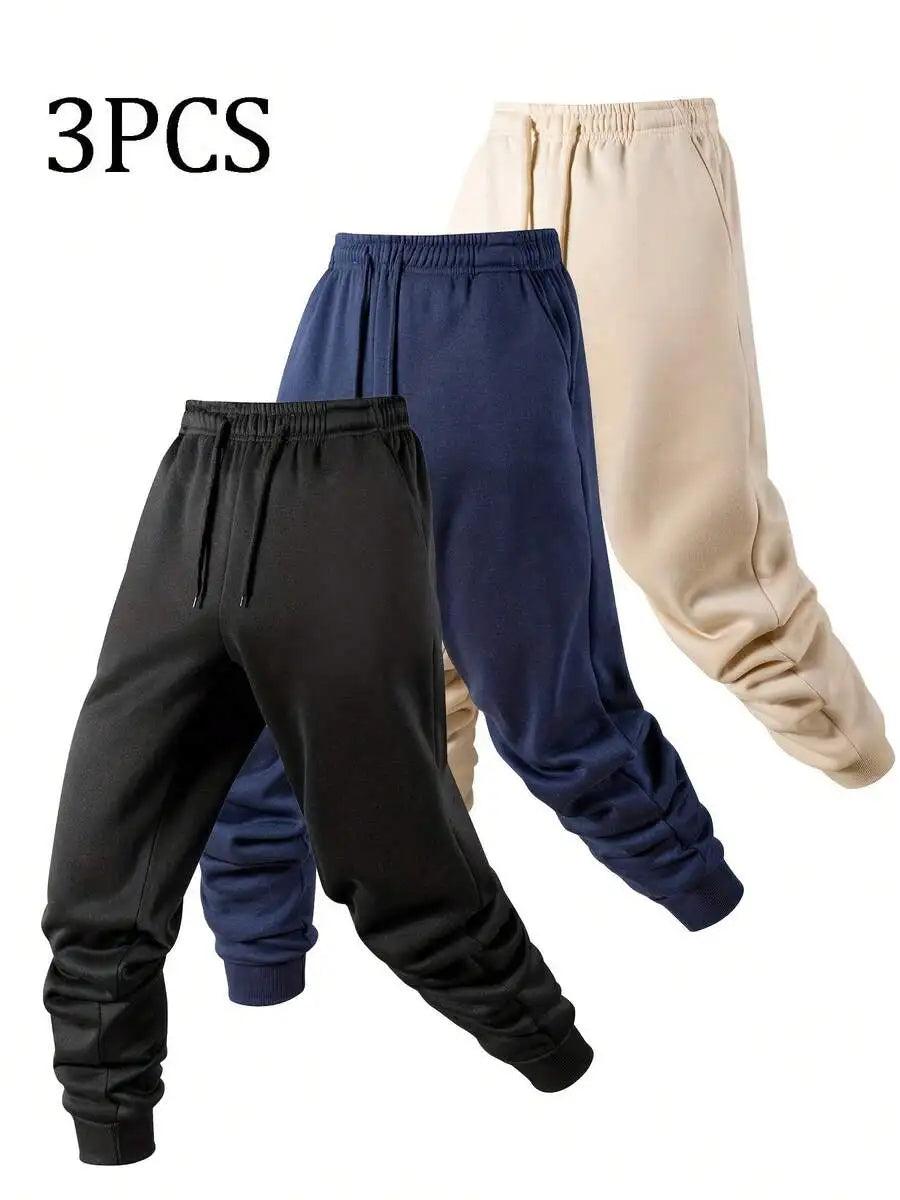 3pcs Men's Fleece Lined Solid Jogger Sweatpants With Drawstring, Casual Sports Trousers For Autumn And Winter