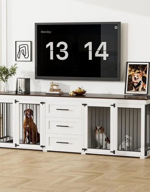 Load image into Gallery viewer, 94.5&quot; Dog Crate, Dogs Kennel Furniture with 3 Storage Drawer, Wooden Dogs Cage with 4 Bowls, Dog House TV Stand with Locks
