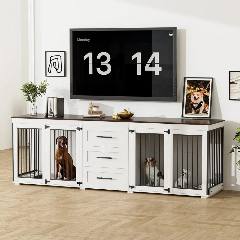 94.5" Dog Crate, Dogs Kennel Furniture with 3 Storage Drawer, Wooden Dogs Cage with 4 Bowls, Dog House TV Stand with Locks