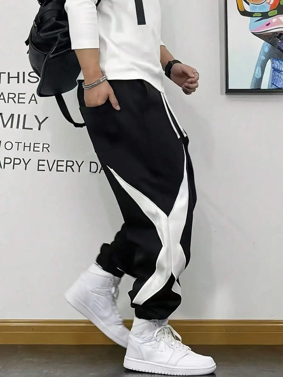 Elastic Waist Drawstring Design Spliced Color-Block Joggers, Spring Autumn Fashion Cuffed Casual Long Pants, Suitable For Daily