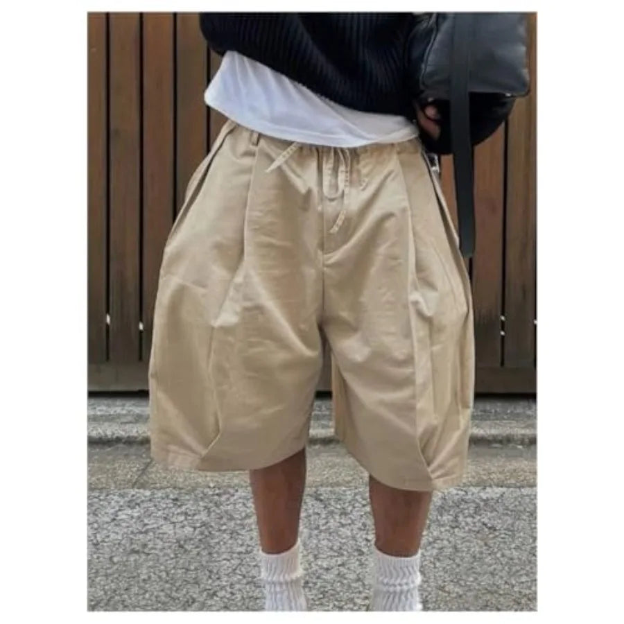 Men's Pleated Cargo Shorts Summer Casual Wide Leg Oversized Bermuda Shorts Streetwear Jorts with Pockets