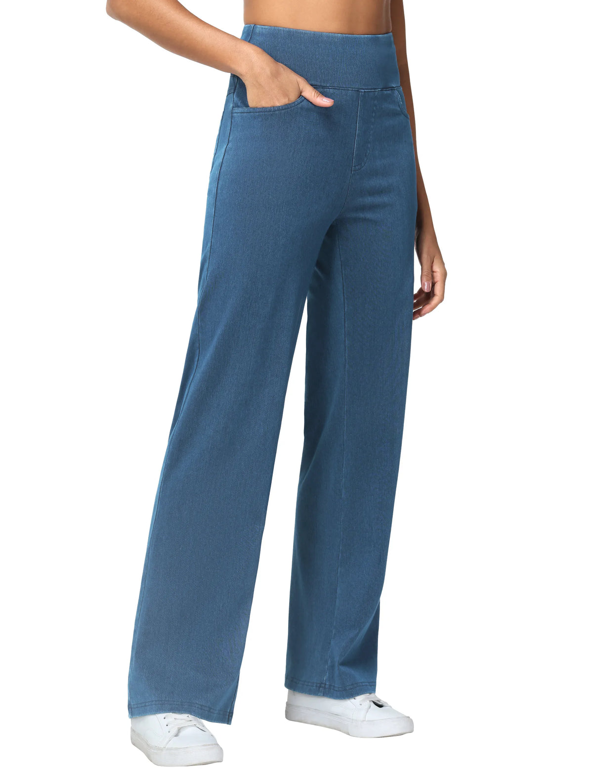 THE GYM PEOPLE Women's Wide Leg Jeans High Waisted Pull on Stretchy Baggy Basic Straight Denim Pants with Pockets