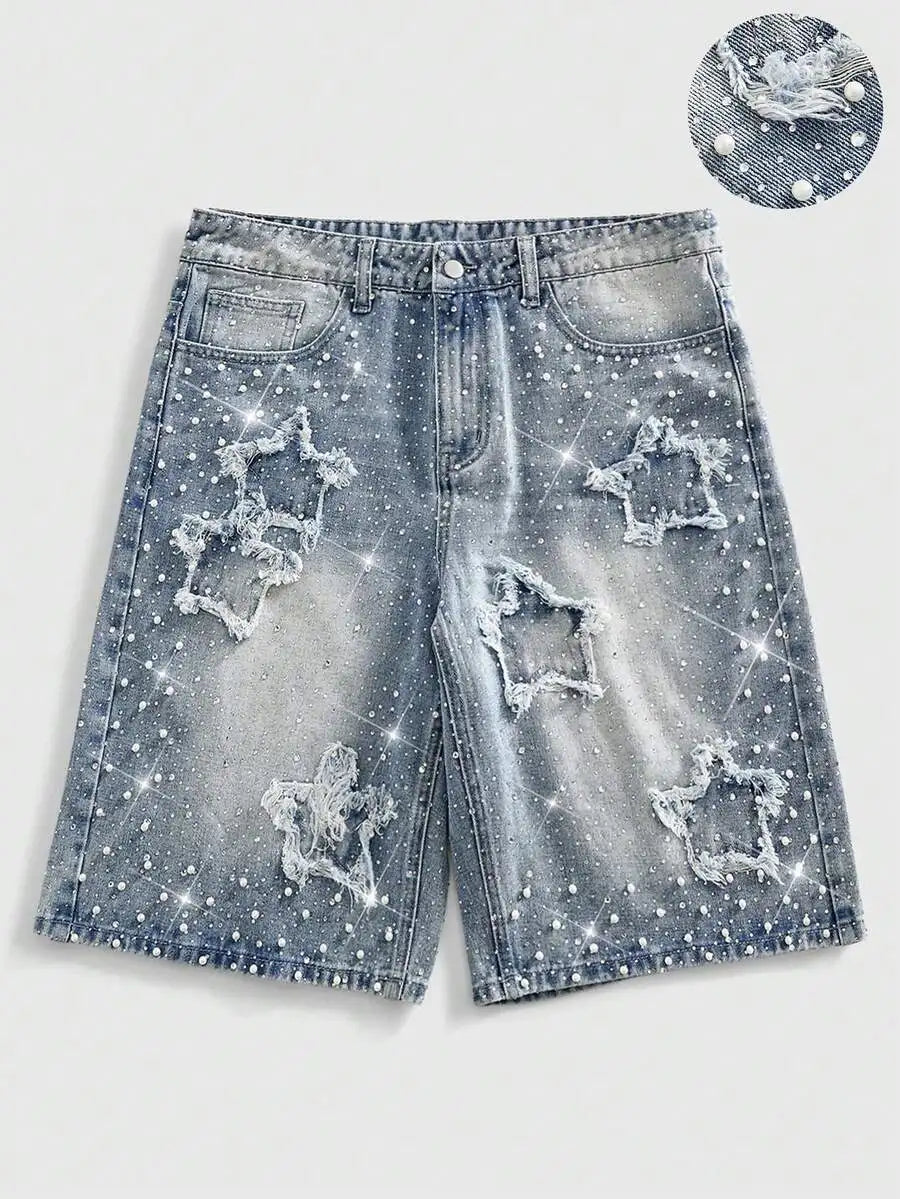 ROMWE MEN Street Life Spring/Summer Casual Men'S Pearl & Diamond Decor Loose Denim Shorts