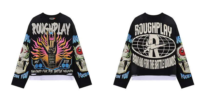 New American Style Rough Play Splicing Shinning Diamond 100% Cotton long sleeves T-shirts for Men Women Crew Neck Loose Summer T-shirt Oversized Tees