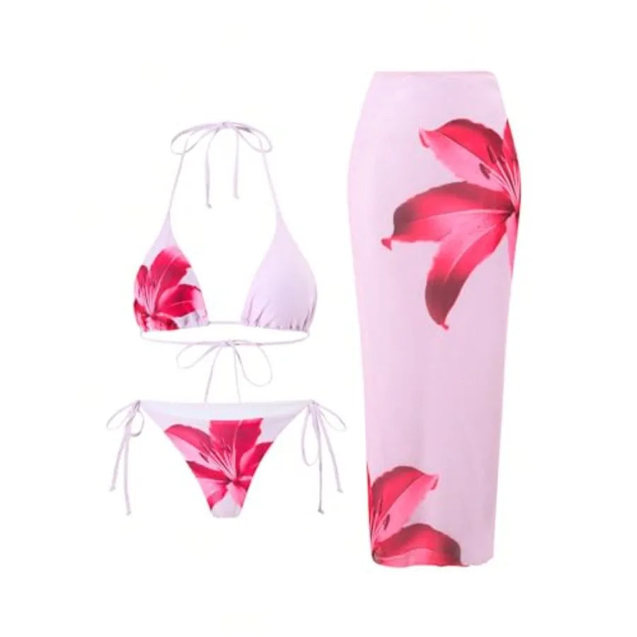 Womens 3pcs Swimsuit Floral Halter Triangle Bikini Top Tie Side Bottom with Long Sheer Cover Up Skirt